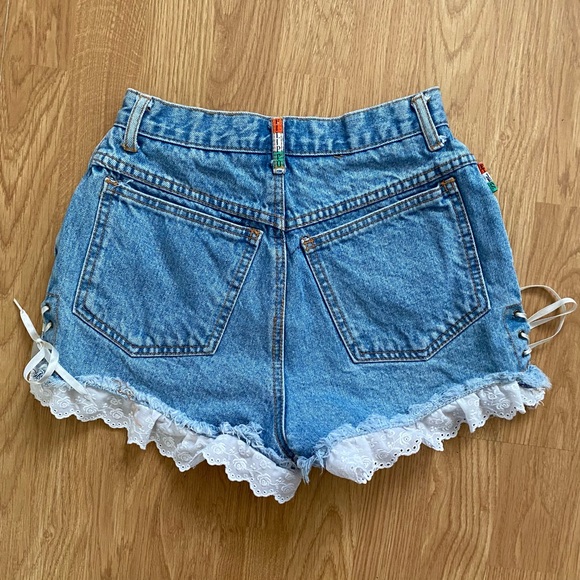 Vintage 80s 90s Filippo Totti FT Lace Ribbon Denim Jean Shorts 7 8 High Rise XS - Picture 2 of 9